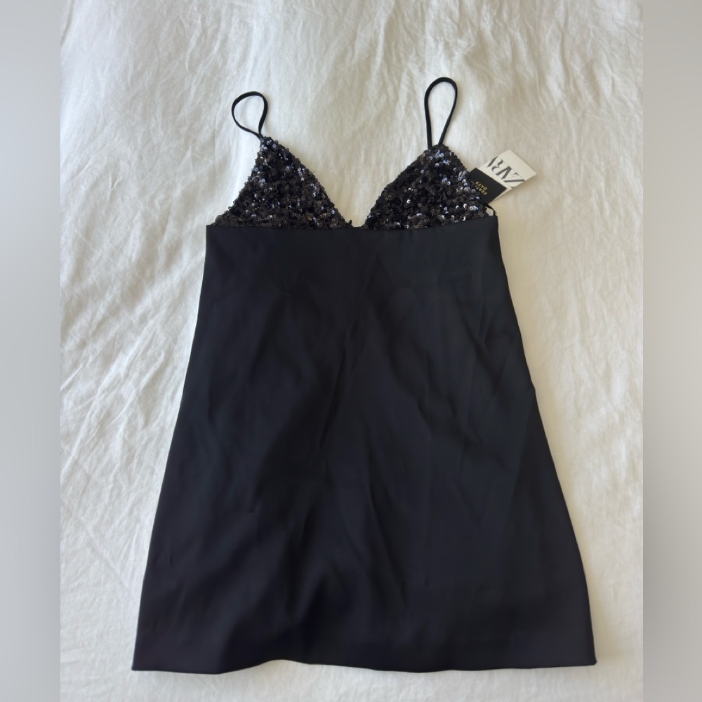 Zara Black Sequin Lace Slip Dress NWT Small Satin Mini Night Out Party - Picture 3 of 7